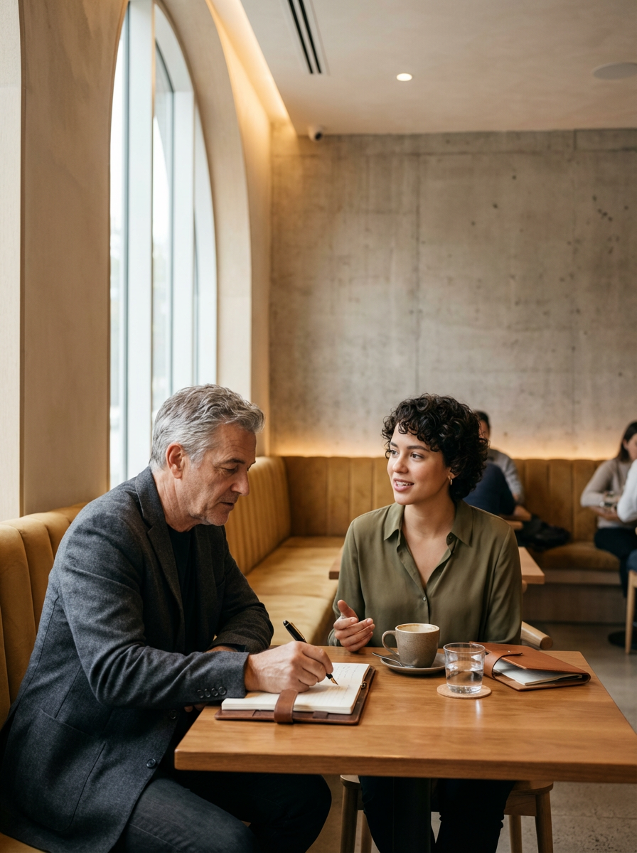 A man and woman having a conversation at a cafe table, with notebooks, a coffee cup, and a glass of water.
