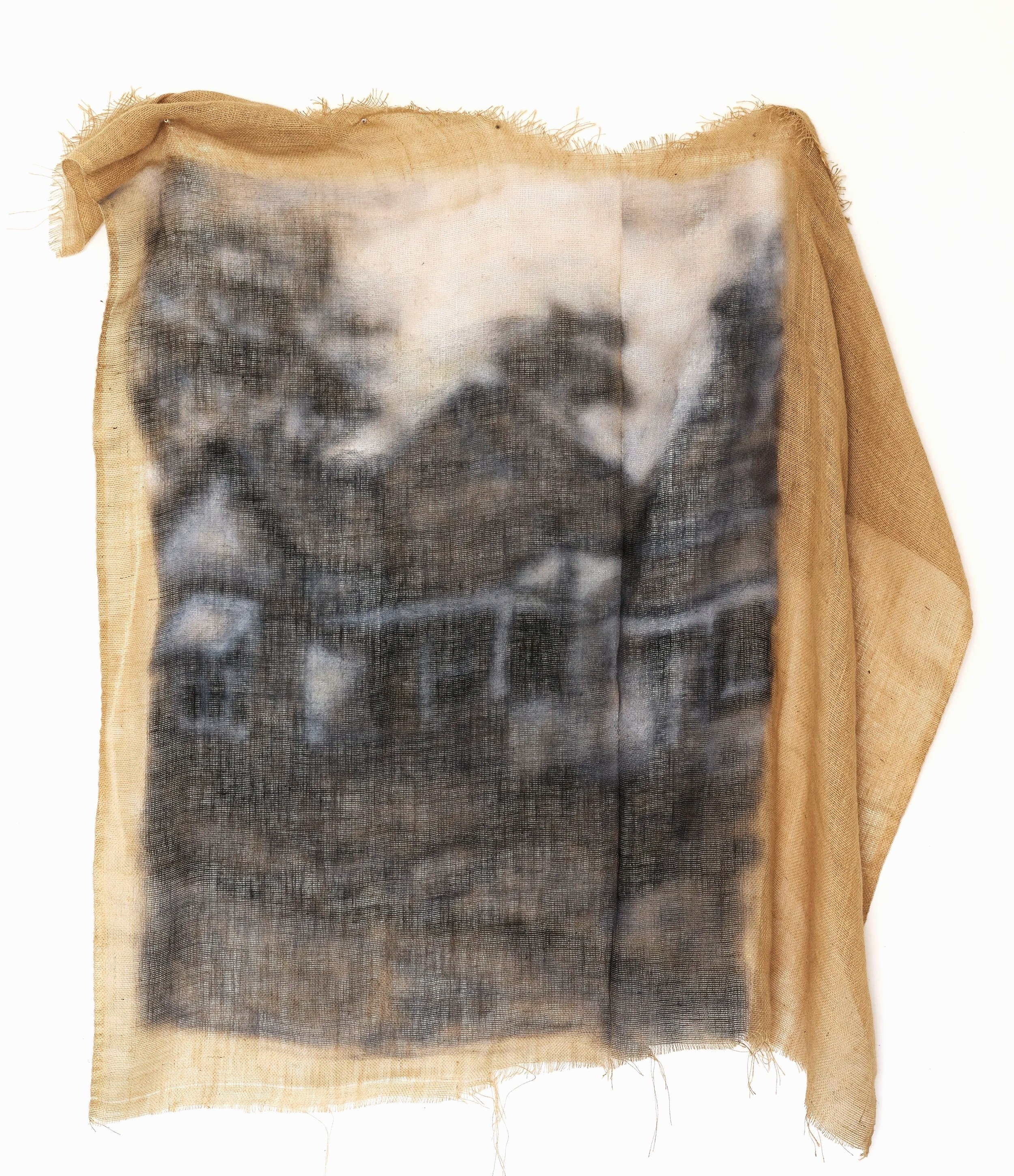 All that is solid, 2026, Ink on hessian, 180 x 160 cm (approx).