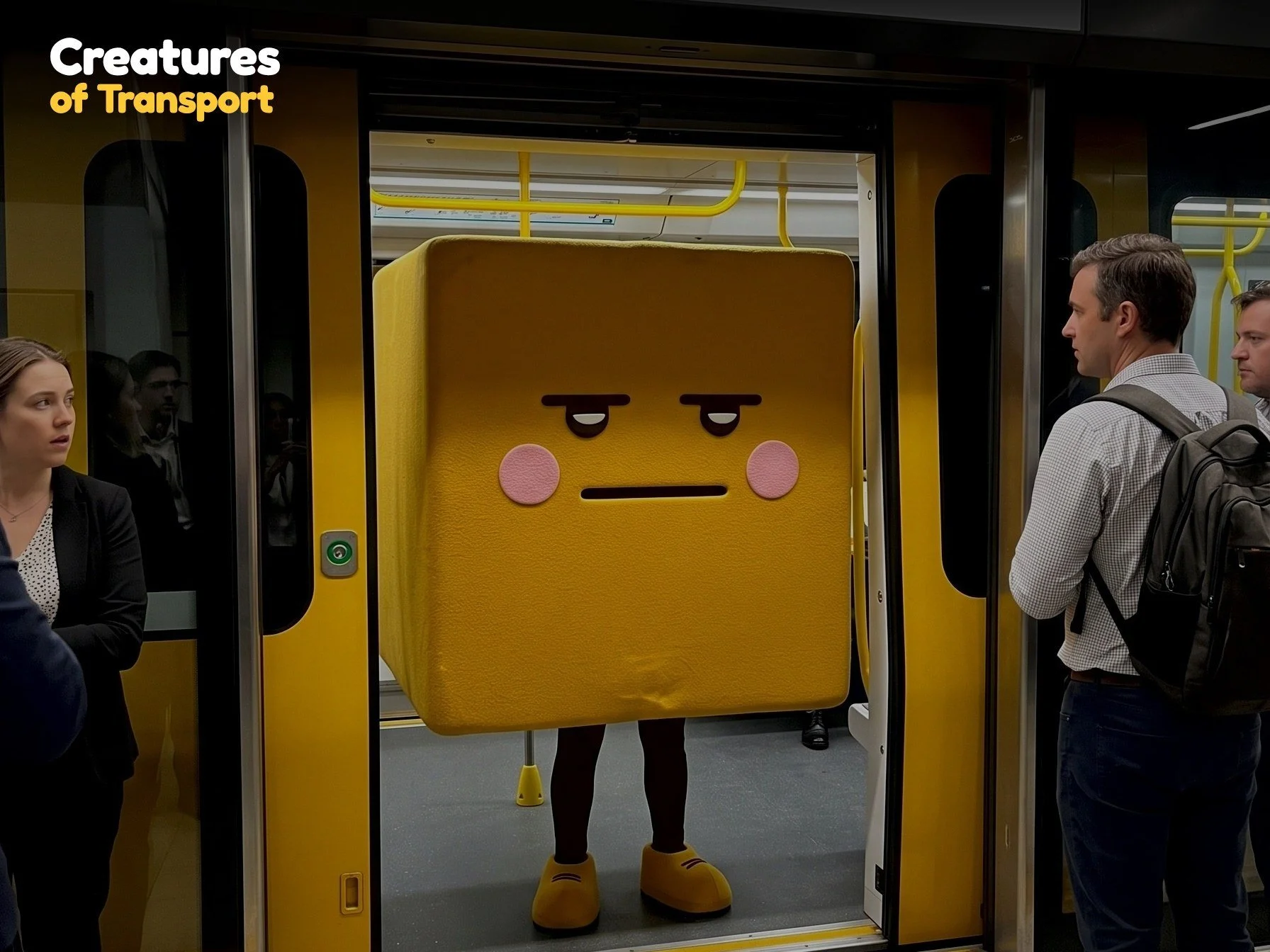 Creatures of Transport: a yellow cube character blocking a train doorway