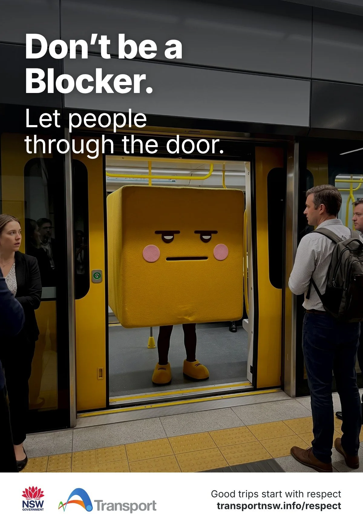 Poster: Don't be a Blocker. Let people through the door. A yellow cube character fills a train doorway while commuters wait.