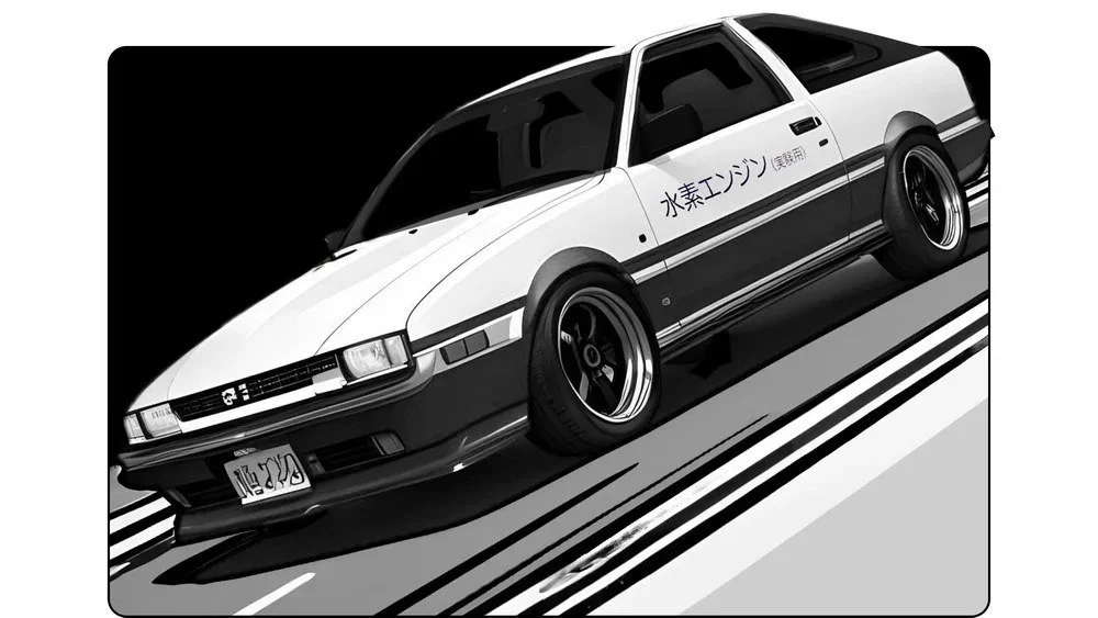 Illustrated Toyota AE86 in black and white