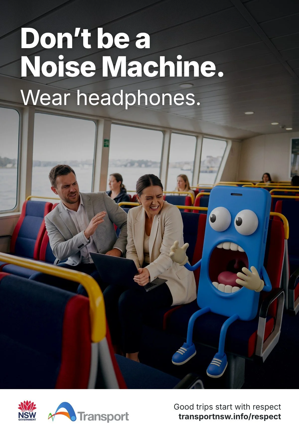 Poster: Don't be a Noise Machine. Wear headphones. A blue phone character shouts on a ferry while two passengers wince.