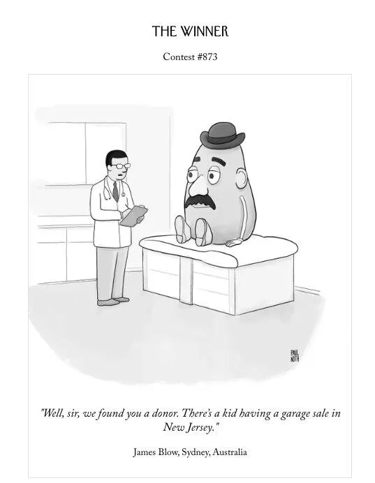 The New Yorker Cartoon Caption Contest #873, the winner. Cartoon by Paul Noth of a doctor talking to a potato-shaped toy figure on an exam table. Caption by James Blow, Sydney, Australia: Well, sir, we found you a donor. There's a kid having a garage sale in New Jersey.