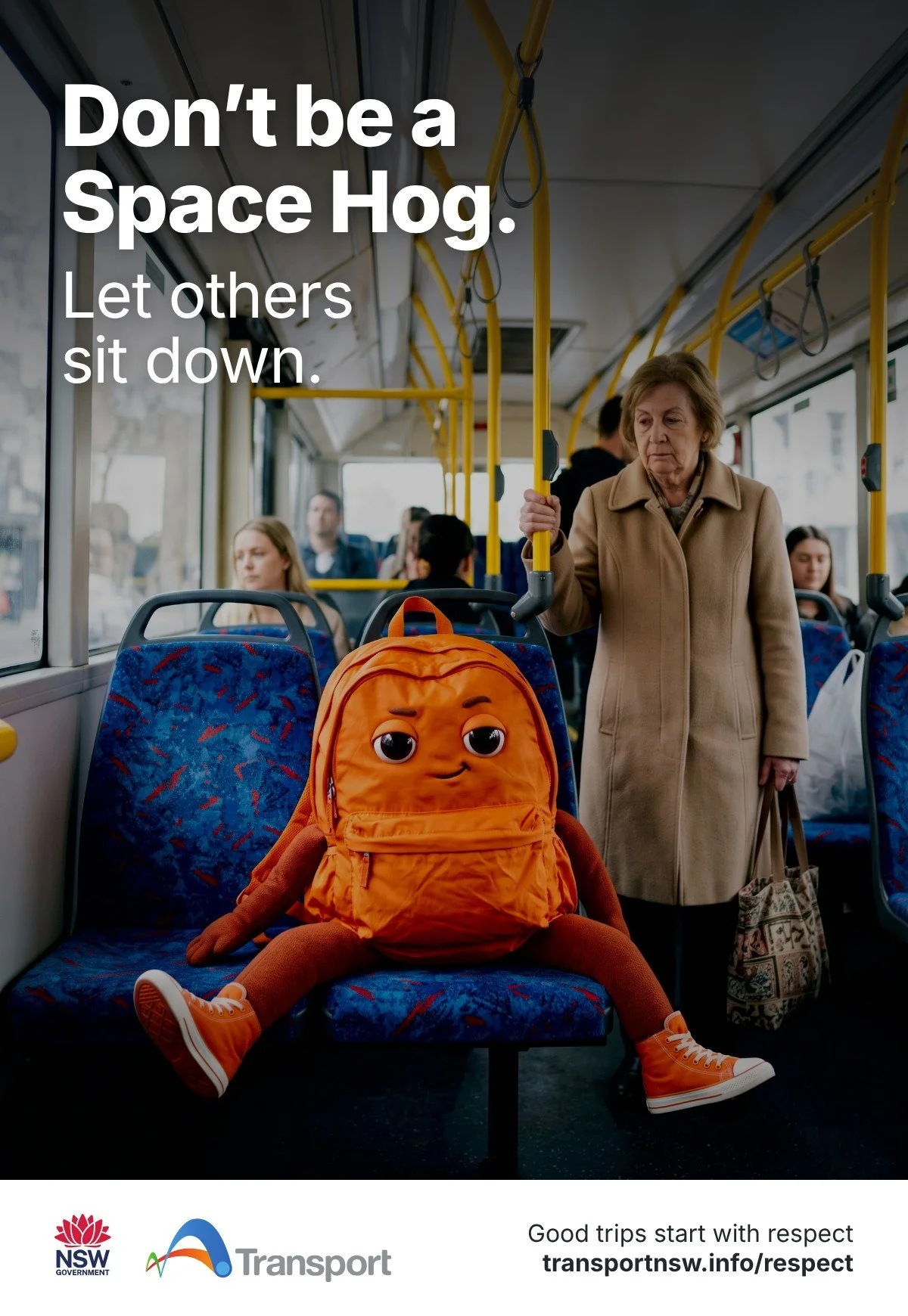 Poster: Don't be a Space Hog. Let others sit down. An orange backpack character sprawls across two bus seats while an older woman stands.