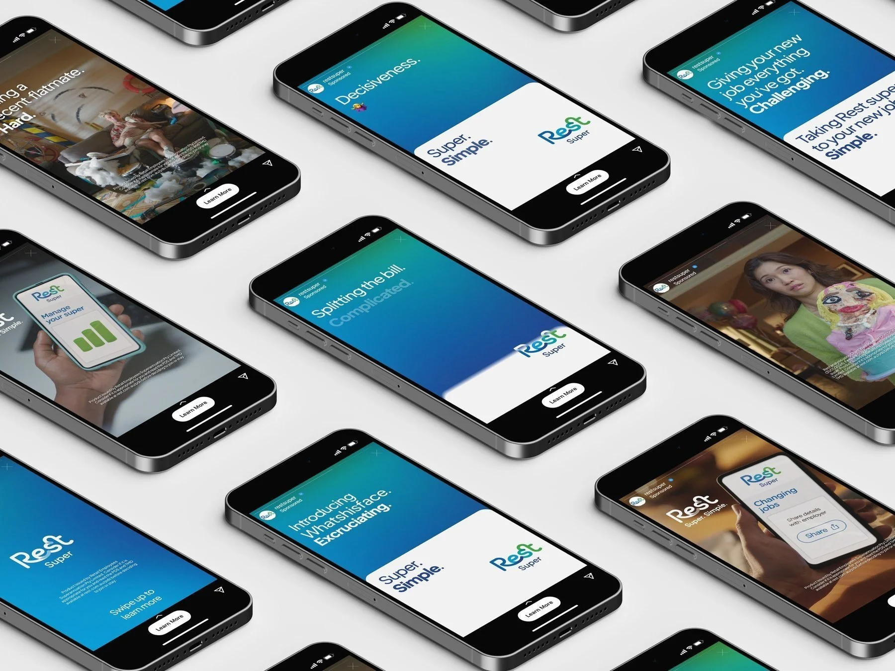Rest social posts on a grid of phones