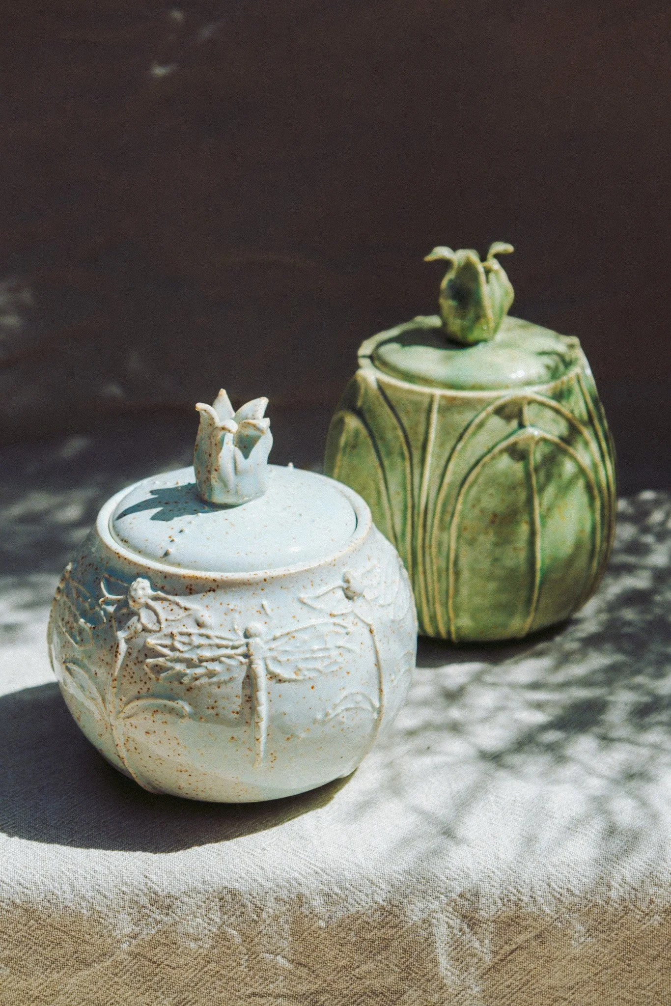 Fairy Garden – Carved Green and White Lidded Jars (pair)