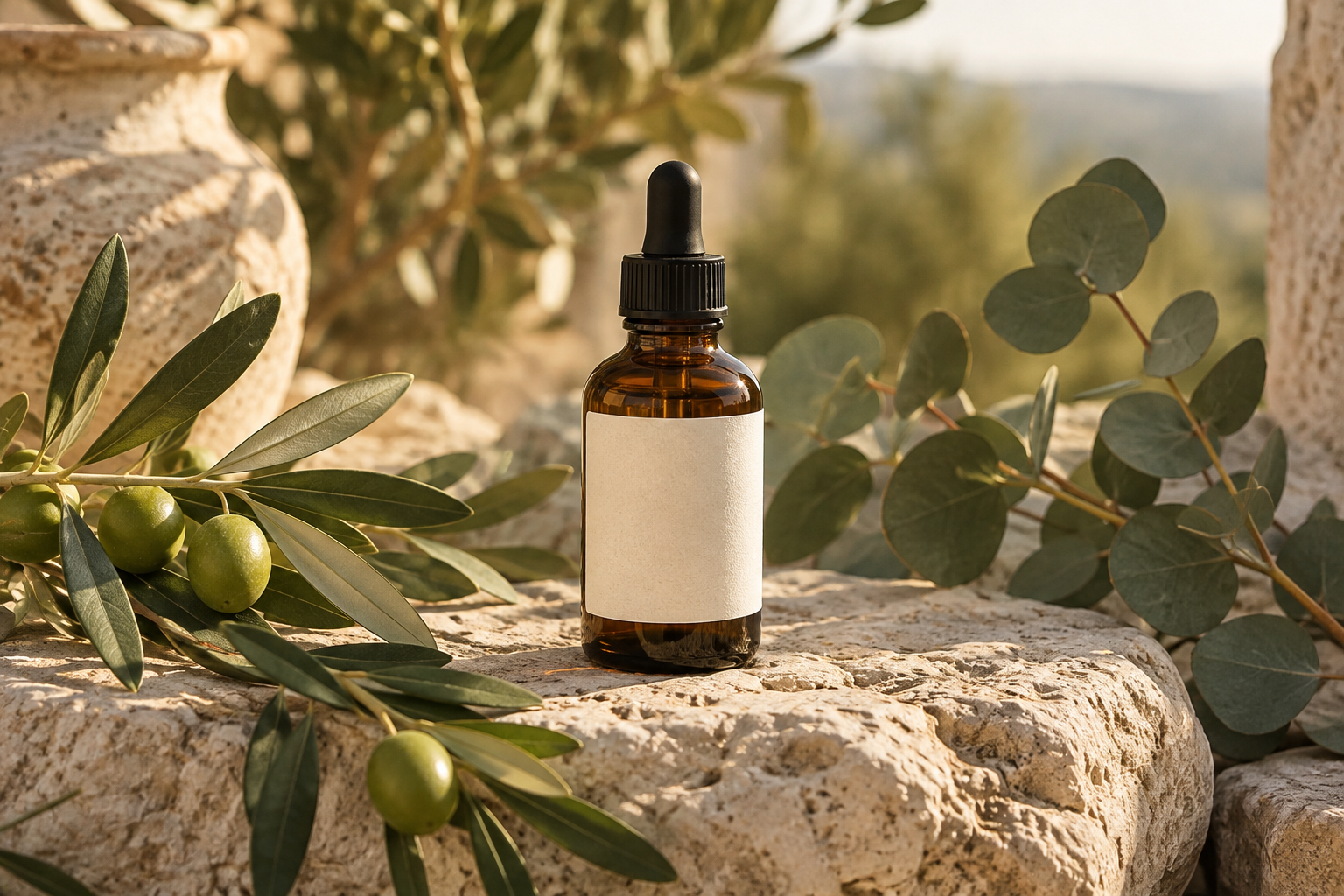 Amber dropper bottle with blank label surrounded by olive branches and green olives on sunlit stone.