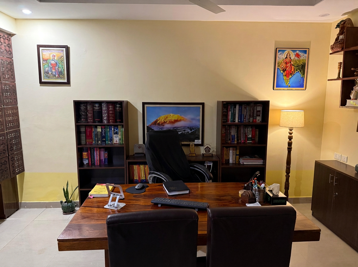 A well-lit office with a large wooden desk and a black leather office chair. There are two bookshelves behind the desk filled with books. On the walls, there are two framed colorful religious or cultural artworks. A tall floor lamp provides additional light. A plant is on the floor to the left, and various office supplies are on the desk.