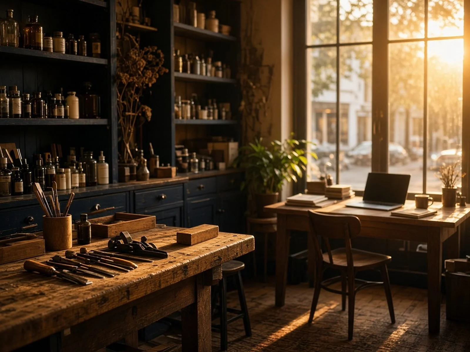 Warm-lit small business workshop and office at sunset