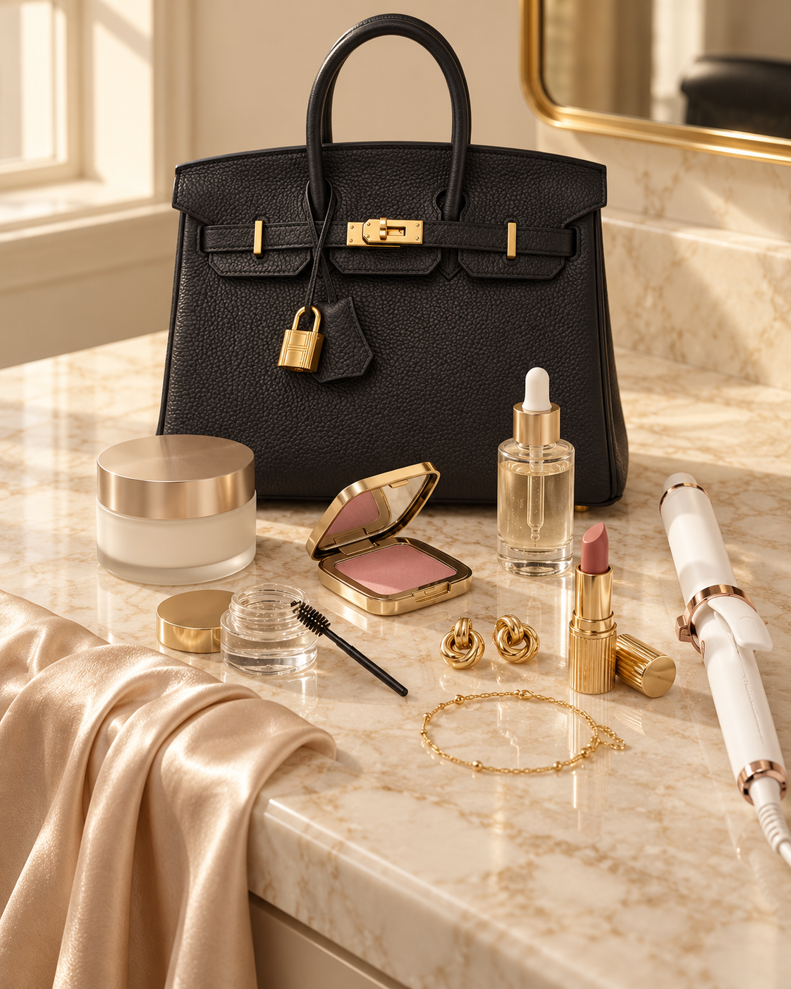Christian Chanel’s Black Birkin, makeup, skincare and jewelry on a vanity