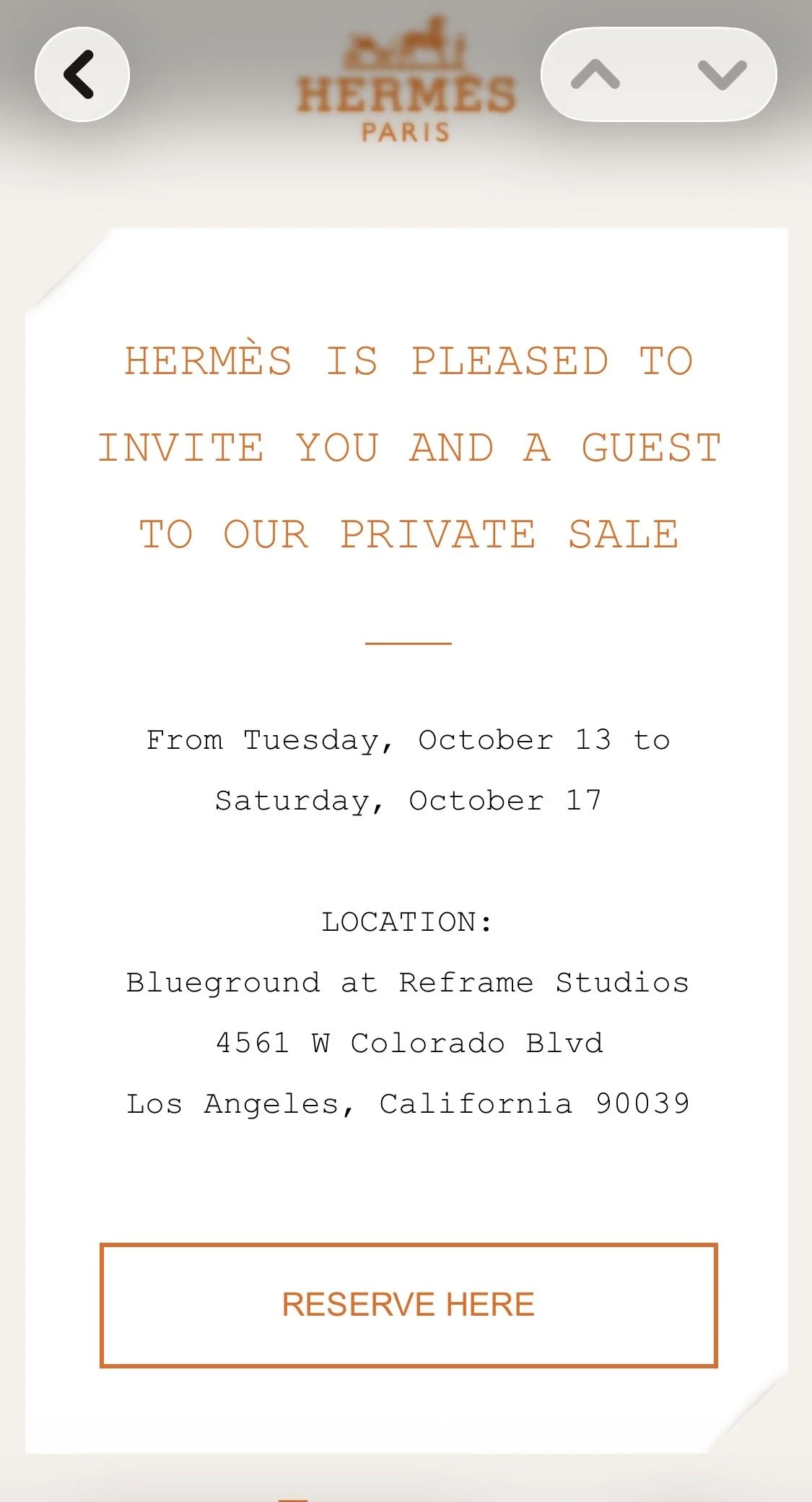 Email invitation to the 2026 Hermès private sale in Los Angeles