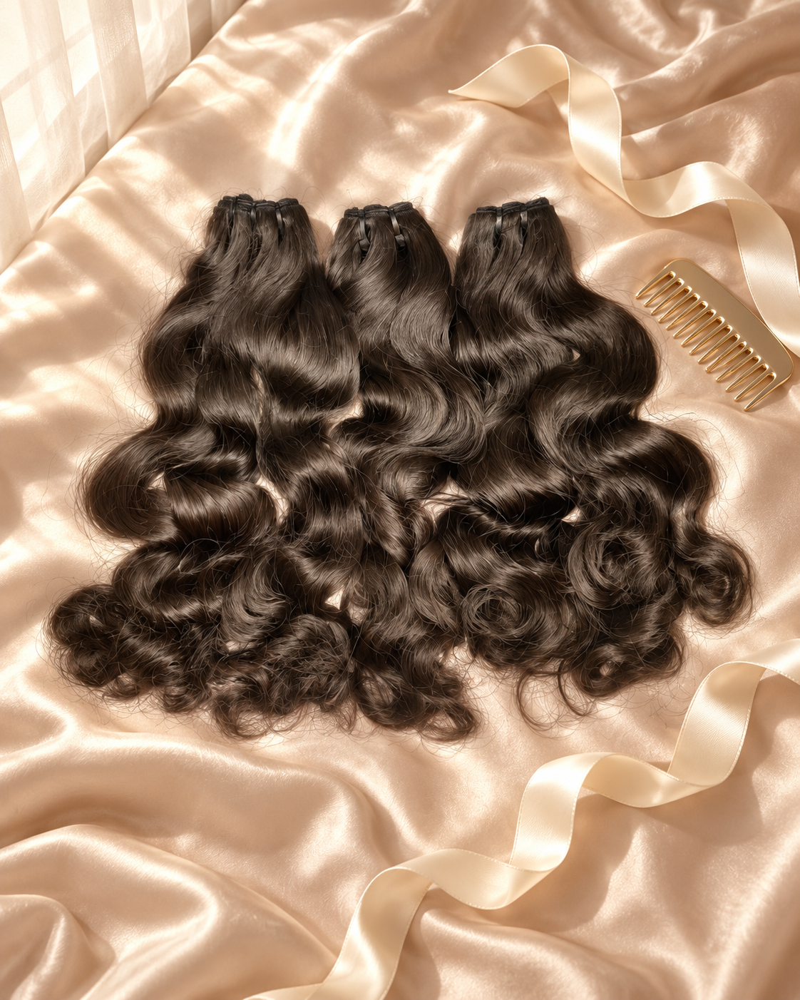 Silky straight hair bundles on champagne satin