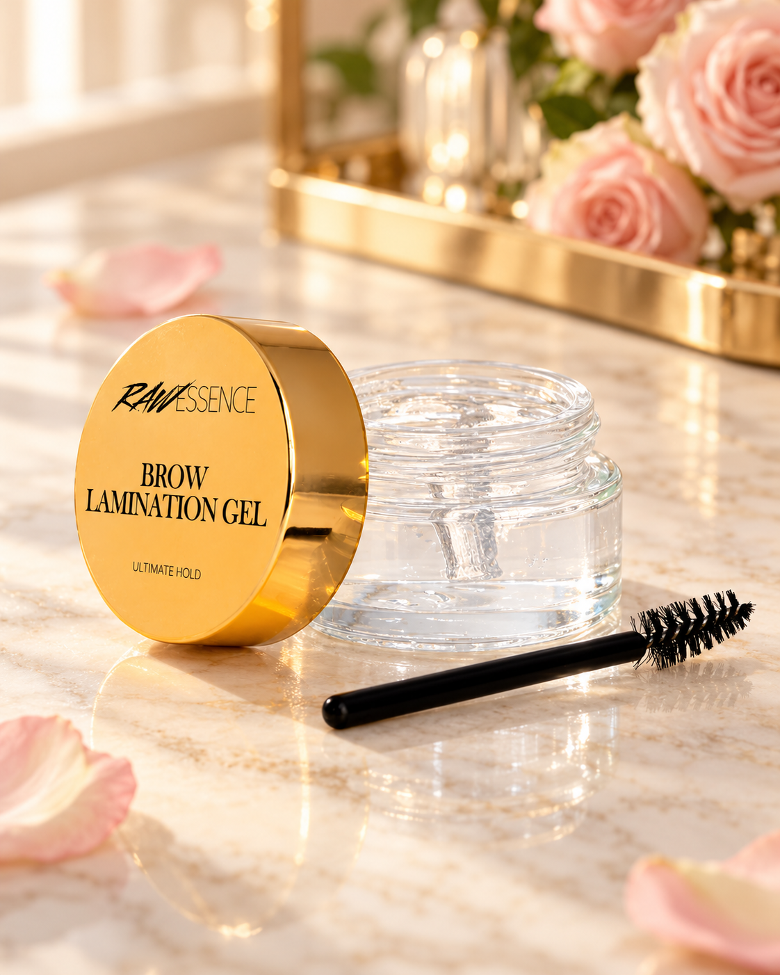 RAW Essence Brow Lamination Gel on a marble vanity