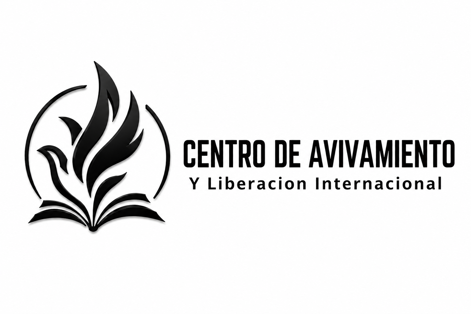 Logotipo del Centro de Avivamiento y Liberación Internacional con llamas negras emergiendo de un libro abierto.