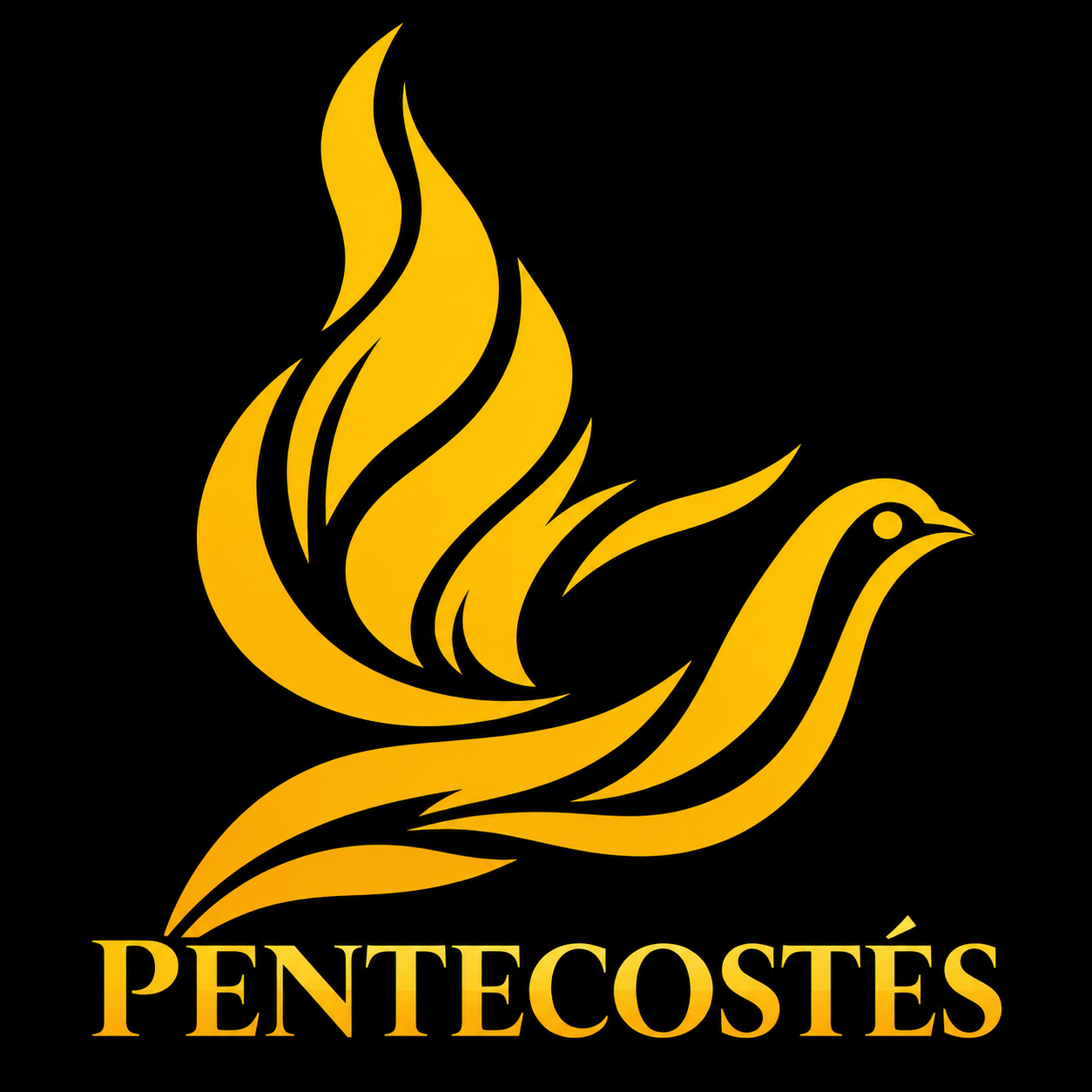 Un logotipo dorado y negro con un pavo estilizado y la palabra 'Péntecostés' en letra mayúscula.