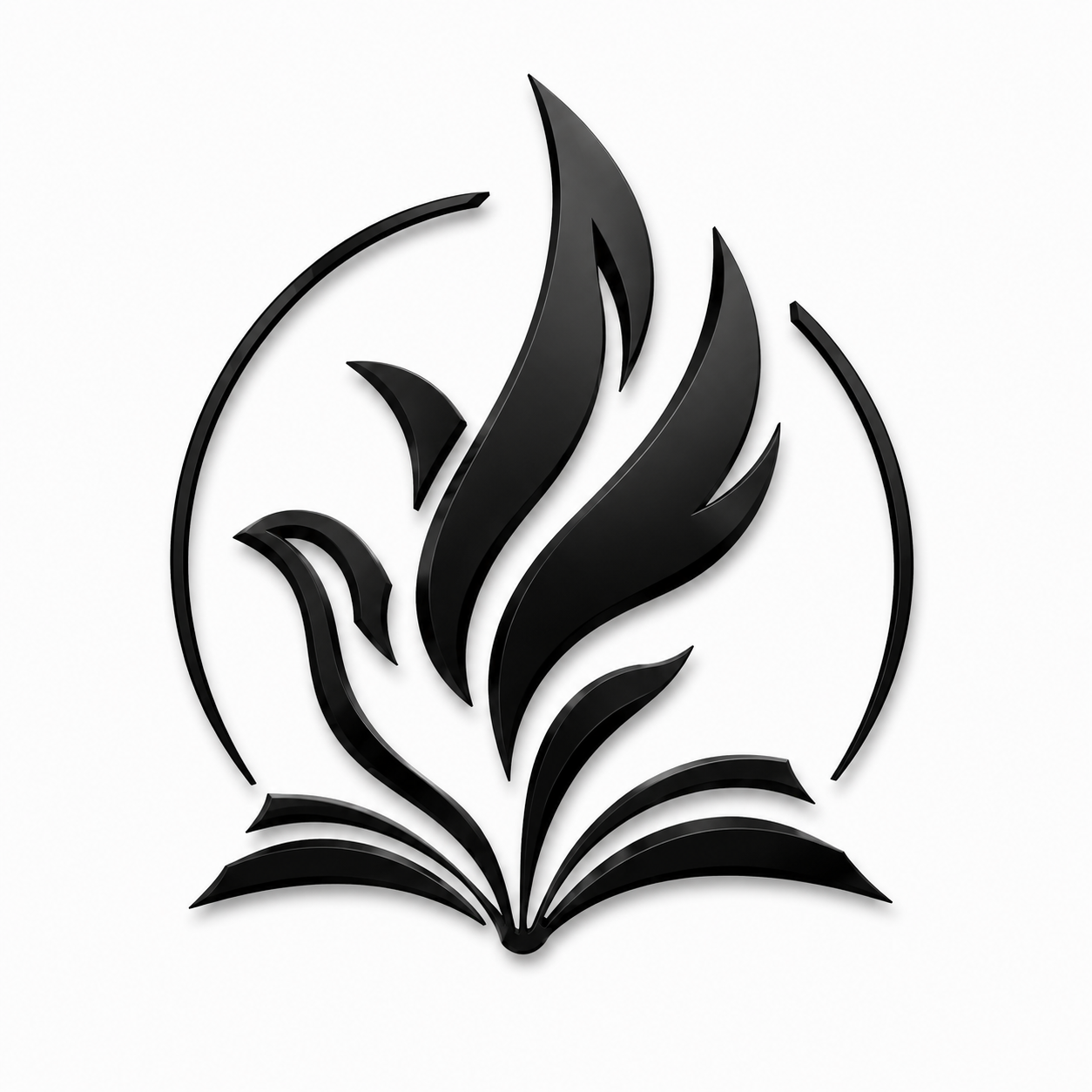 Diseño abstracto de llamas negras y un libro abierto en el centro, en un estilo minimalista.
