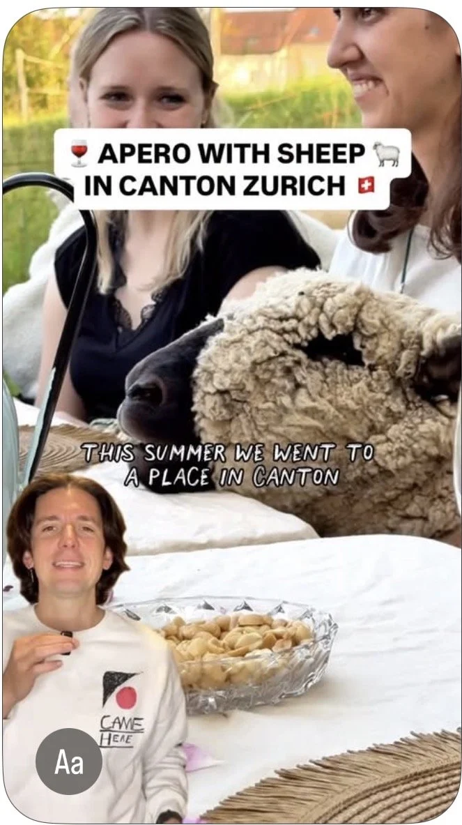 Two women smiling with sheep in a scenic outdoor setting, one holding a large loaf of bread, and a man sitting at a table with a bowl of nuts, caption overlay reads 'Apero with sheep in Canton Zurich' and 'This summer we went to a place in Canton'.