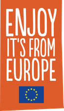 Orange background with white text that says 'Enjoy it's from Europe' and a European Union flag at the bottom.