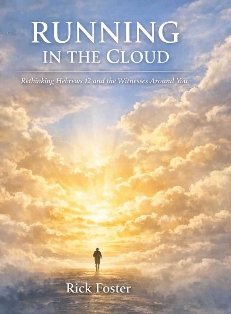 Book cover titled "Running in the Cloud" by Rick Foster, featuring a person walking towards a bright light in a sky filled with clouds.