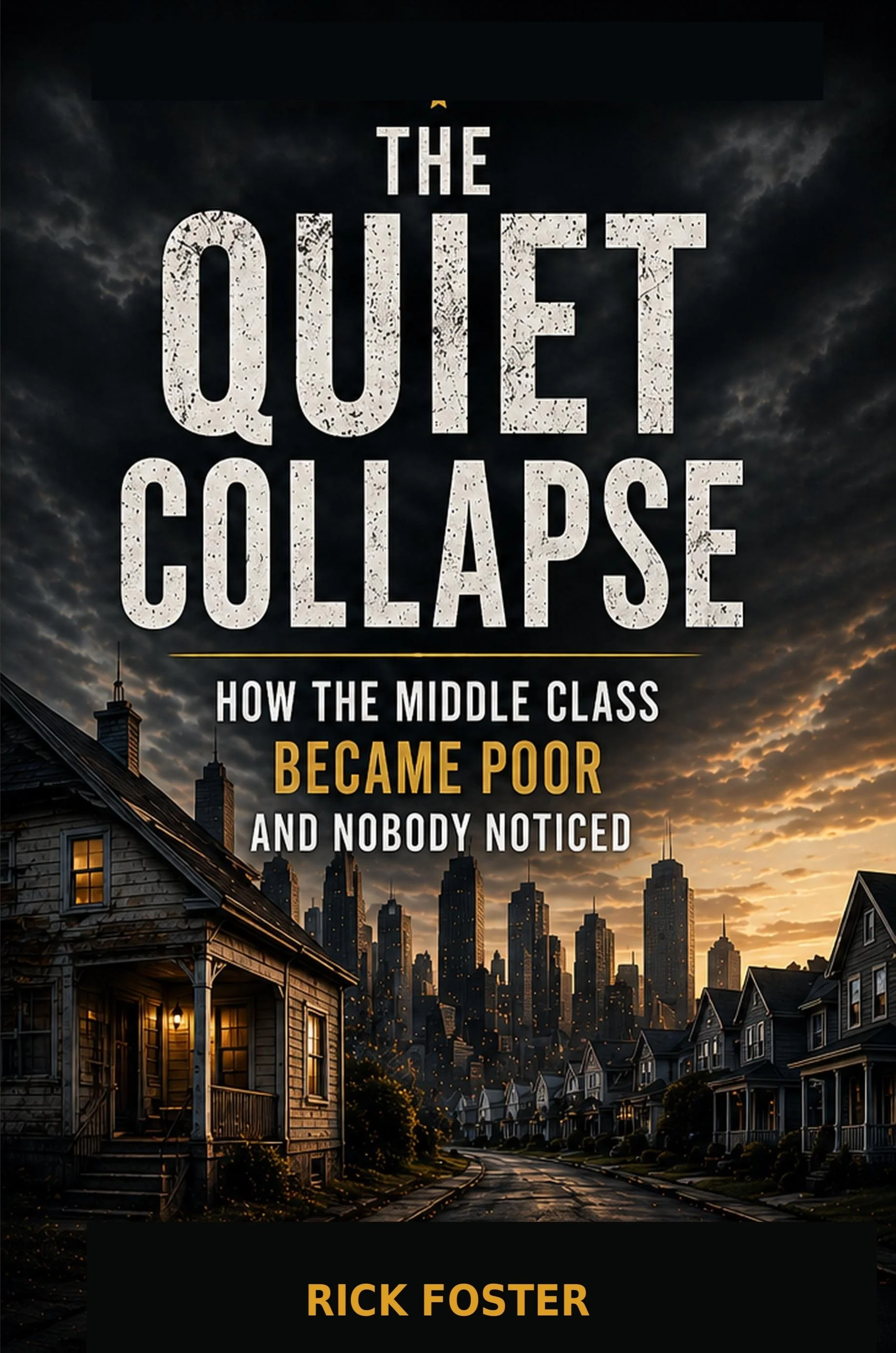 Book cover titled 'The Quiet Collapse' by Rick Foster. The background features a city skyline at sunset with dark clouds.
