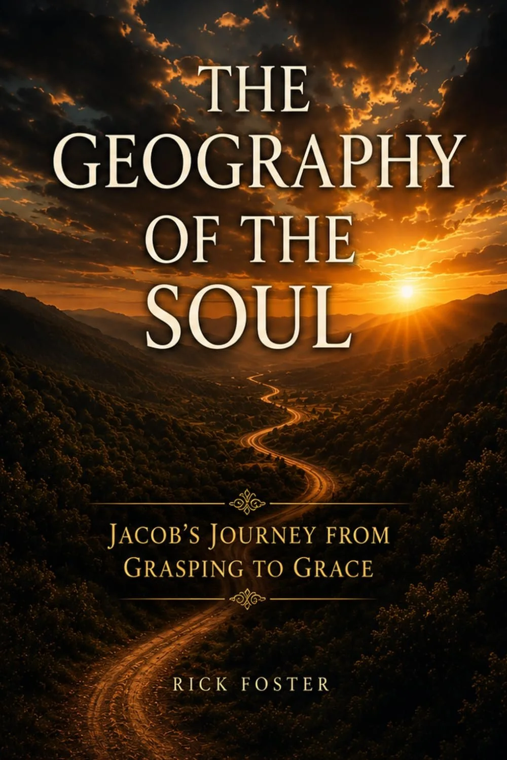 Book cover titled "The Geography of the Soul: Jacob's Journey from Grasping to Grace" by Rick Foster. The background features a sunset over a winding mountain road with dramatic clouds.