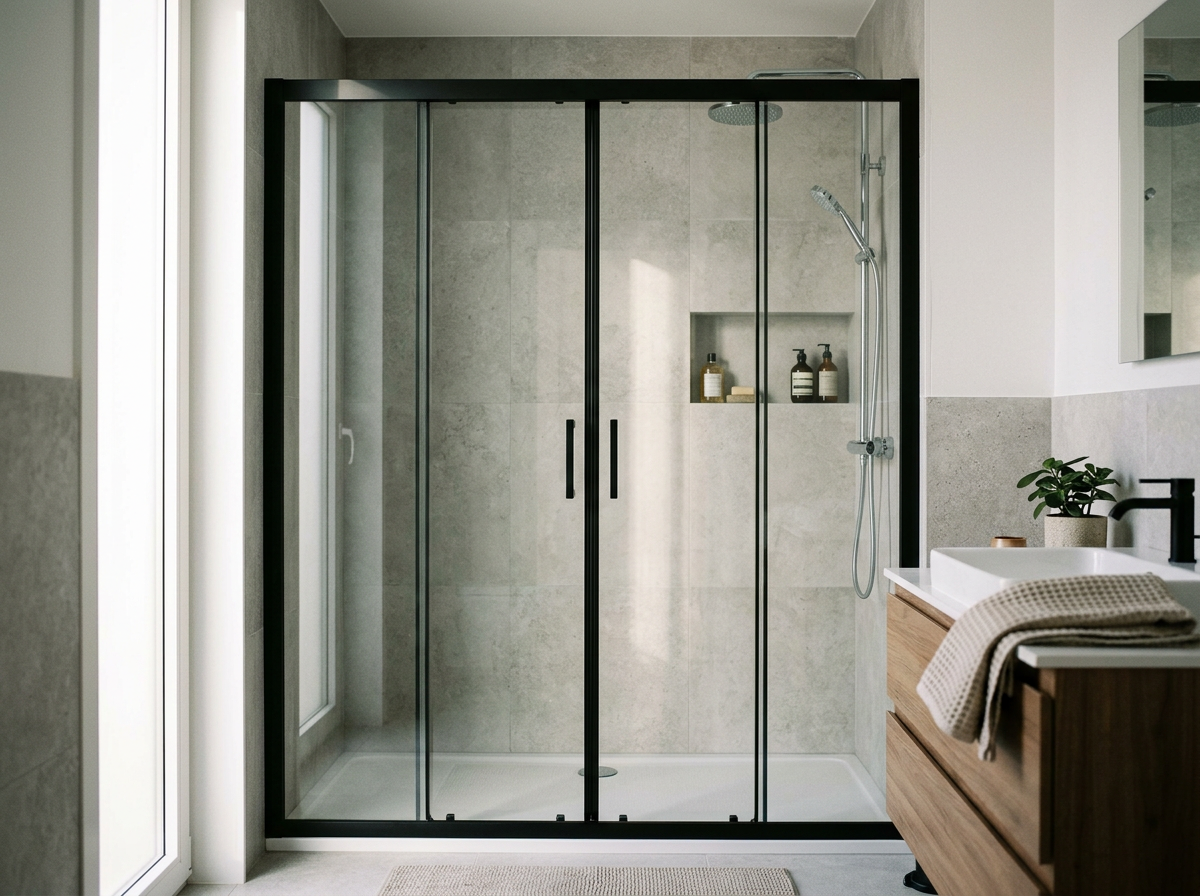 Baño con mampara de ducha corredera con puertas de cristal y marco negro.