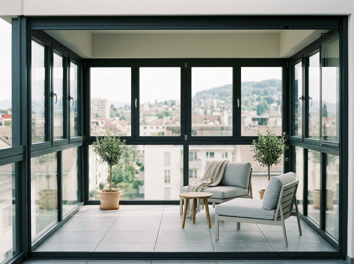 Cerramiento con ventanas abatibles y fijos de cristal.