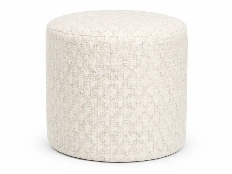 A light beige, textured round ottoman or pouf with a smooth top surface.