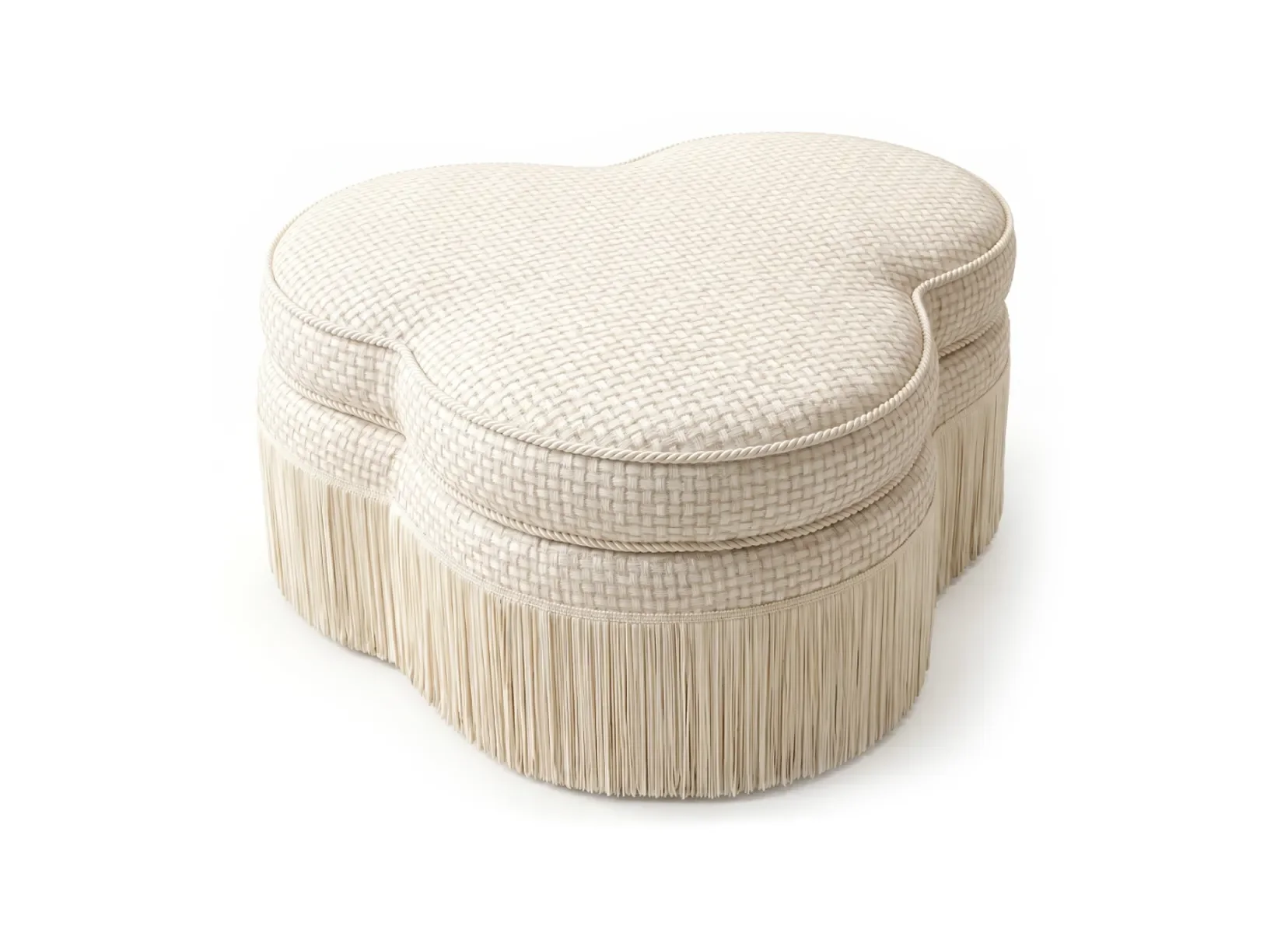 A beige upholstered chair with a floral-shaped backrest and a skirted fringe bottom against a plain white background.