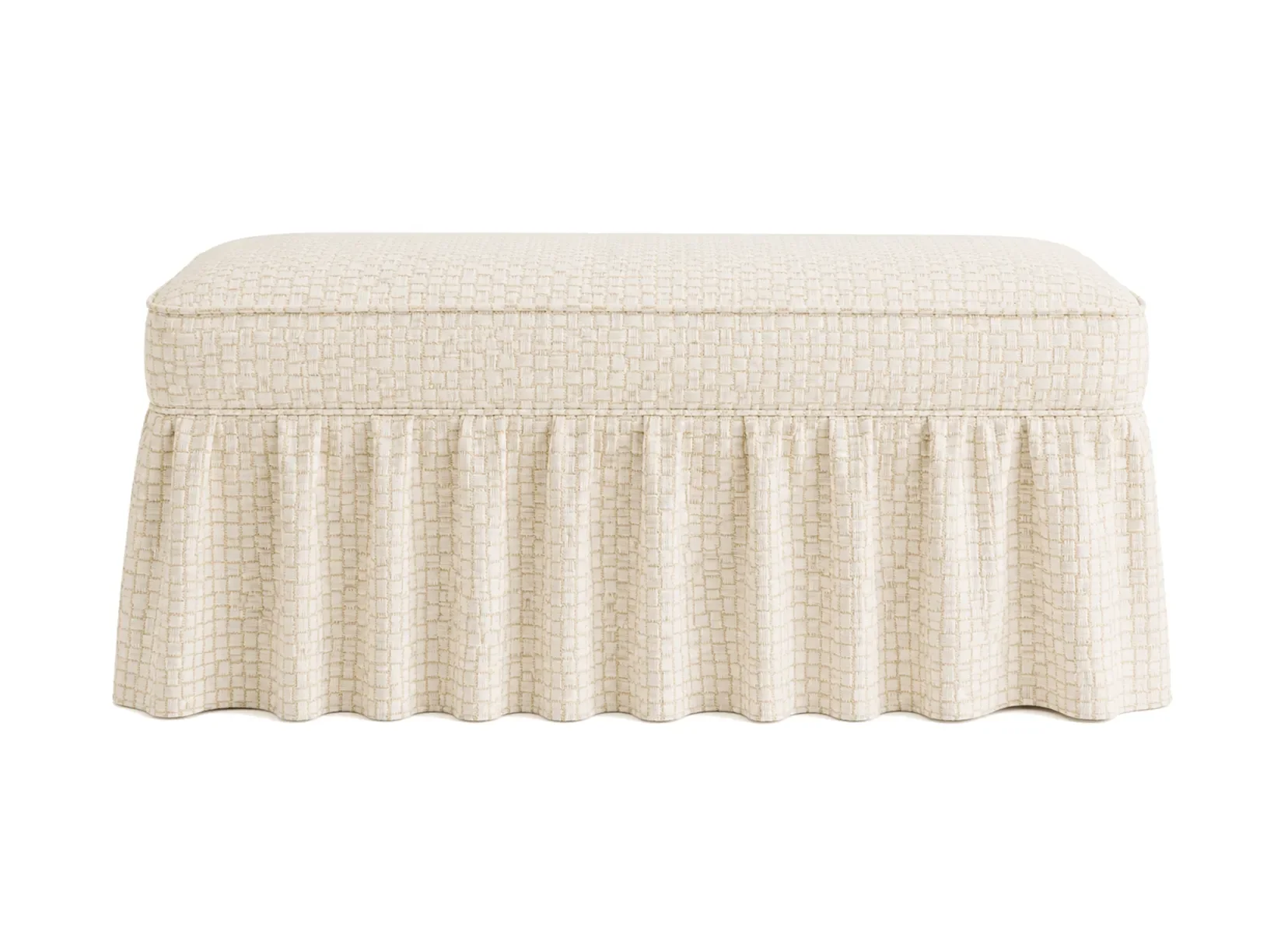 Cream-colored upholstered bench with a textured fabric and a pleated skirt.