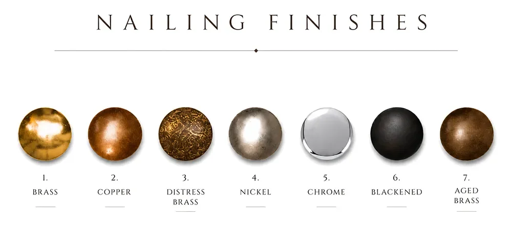Nailing finishes display seven different metallic nail polish swatches labeled from one to seven. The finishes include brass, copper, distress brass, nickel, chrome, blackened, and aged brass.