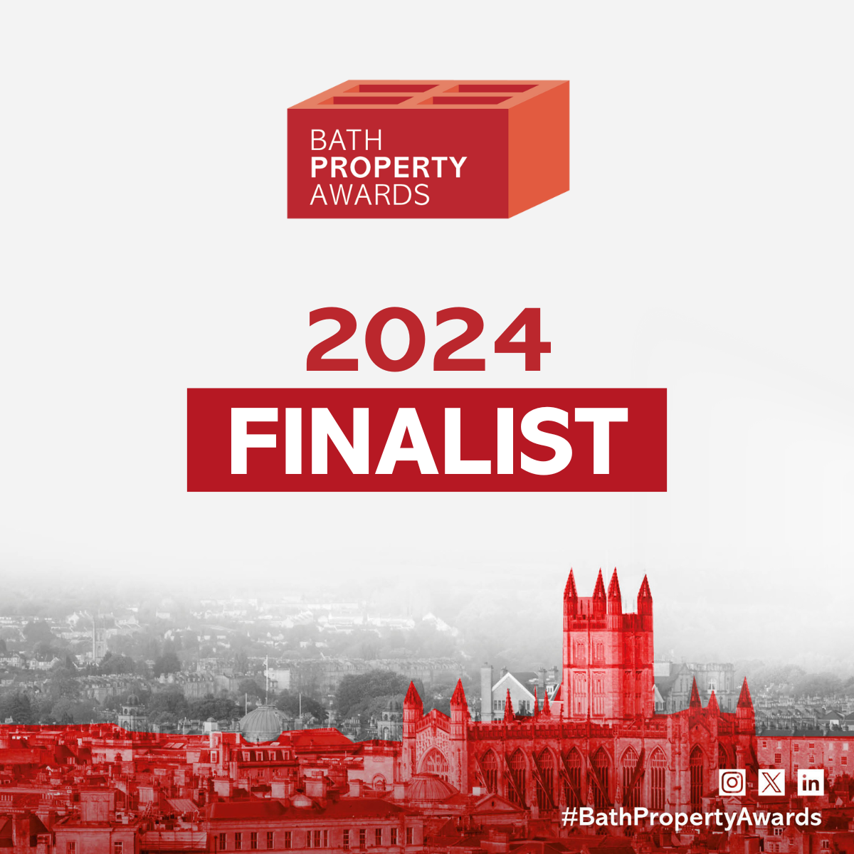 The image features a logo for the Bath Property Awards, highlighting the 2024 finalist, with a cityscape of Bath, England, including a prominent church or cathedral, at the bottom, with part of the image in red and the rest in black and white.