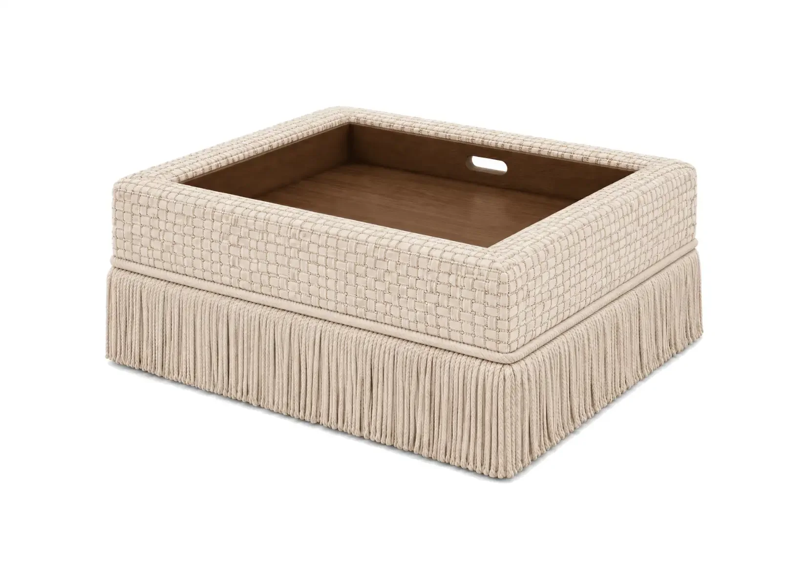 A beige upholstered ottoman with a pleated skirt and a wooden tray on top, isolated on a white background.