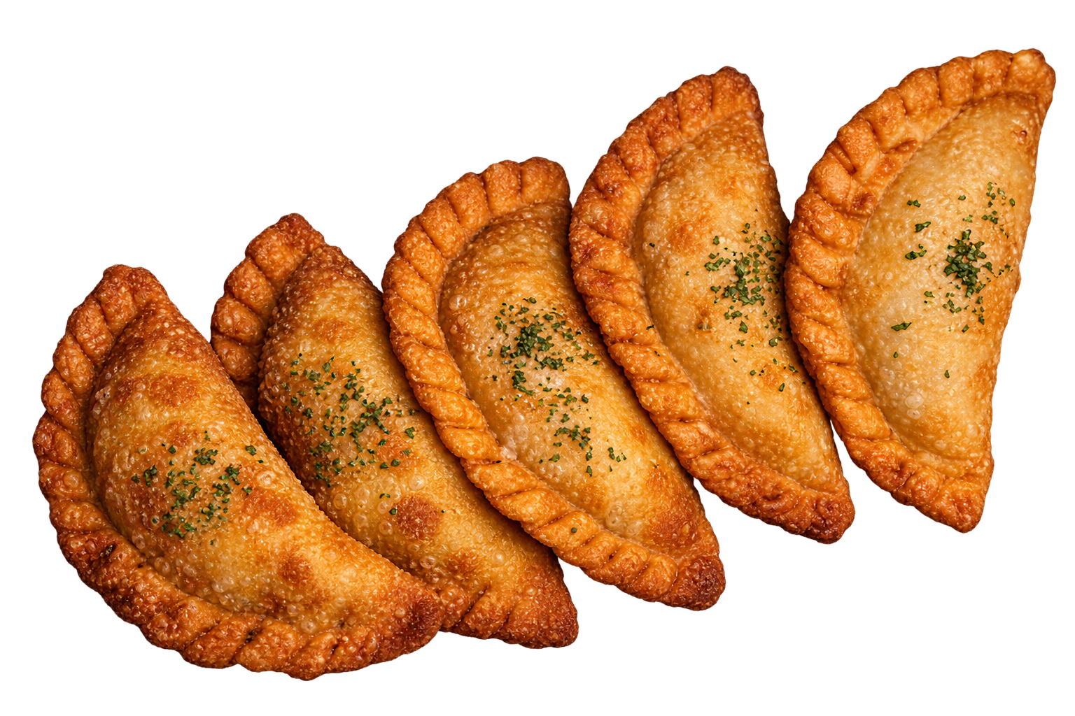 BRASA Golden fried Argentine empanadas with crisp braided edges and herb garnish.