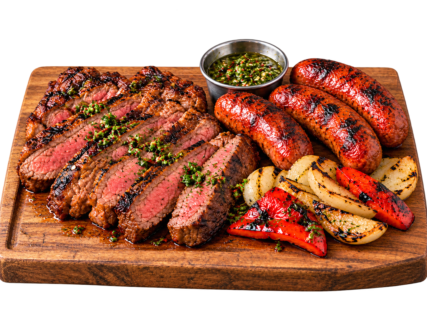 A wooden cutting board with slices of medium-rare steak, grilled sausages, and grilled vegetables, accompanied by a small bowl of dipping sauce.
