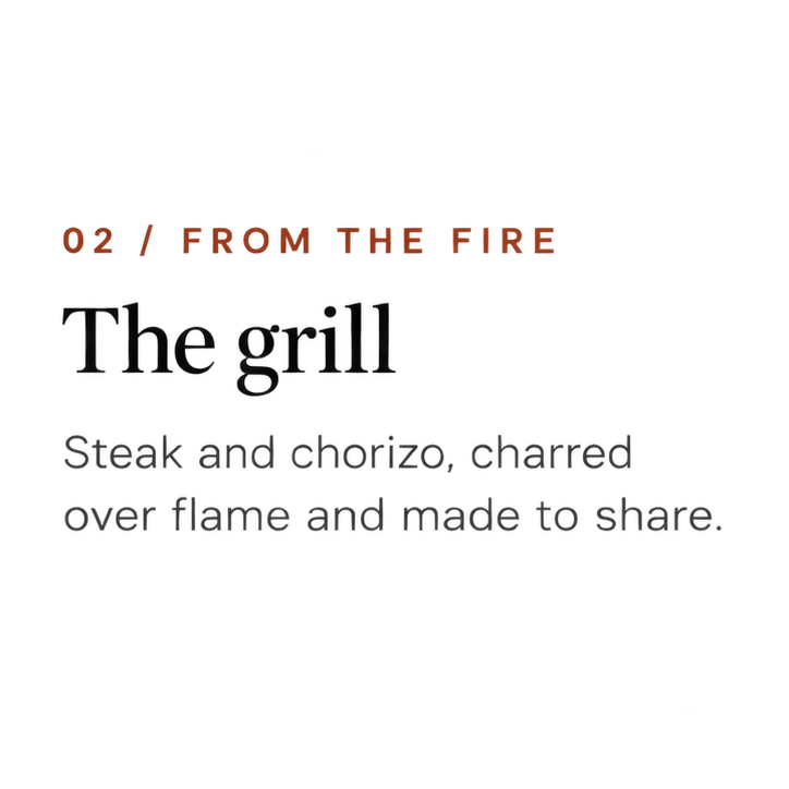 Text describing a grilled steak and chorizo, served over flame and made to share, part of a list item titled 'From the Fire'.