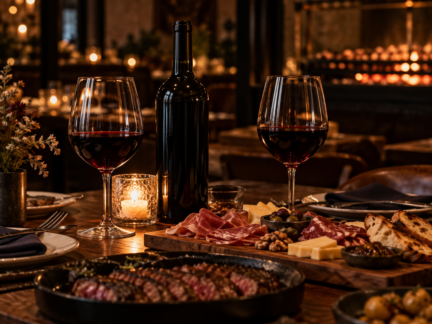 A dimly lit dinner table with two glasses of red wine, a bottle of wine, a candle, and a charcuterie board with meats, cheeses, olives, and bread.