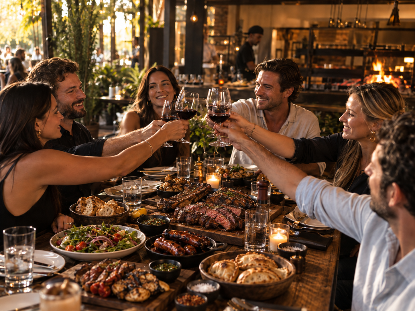 Group of friends enjoying a dinner party with wine clinking at a restaurant