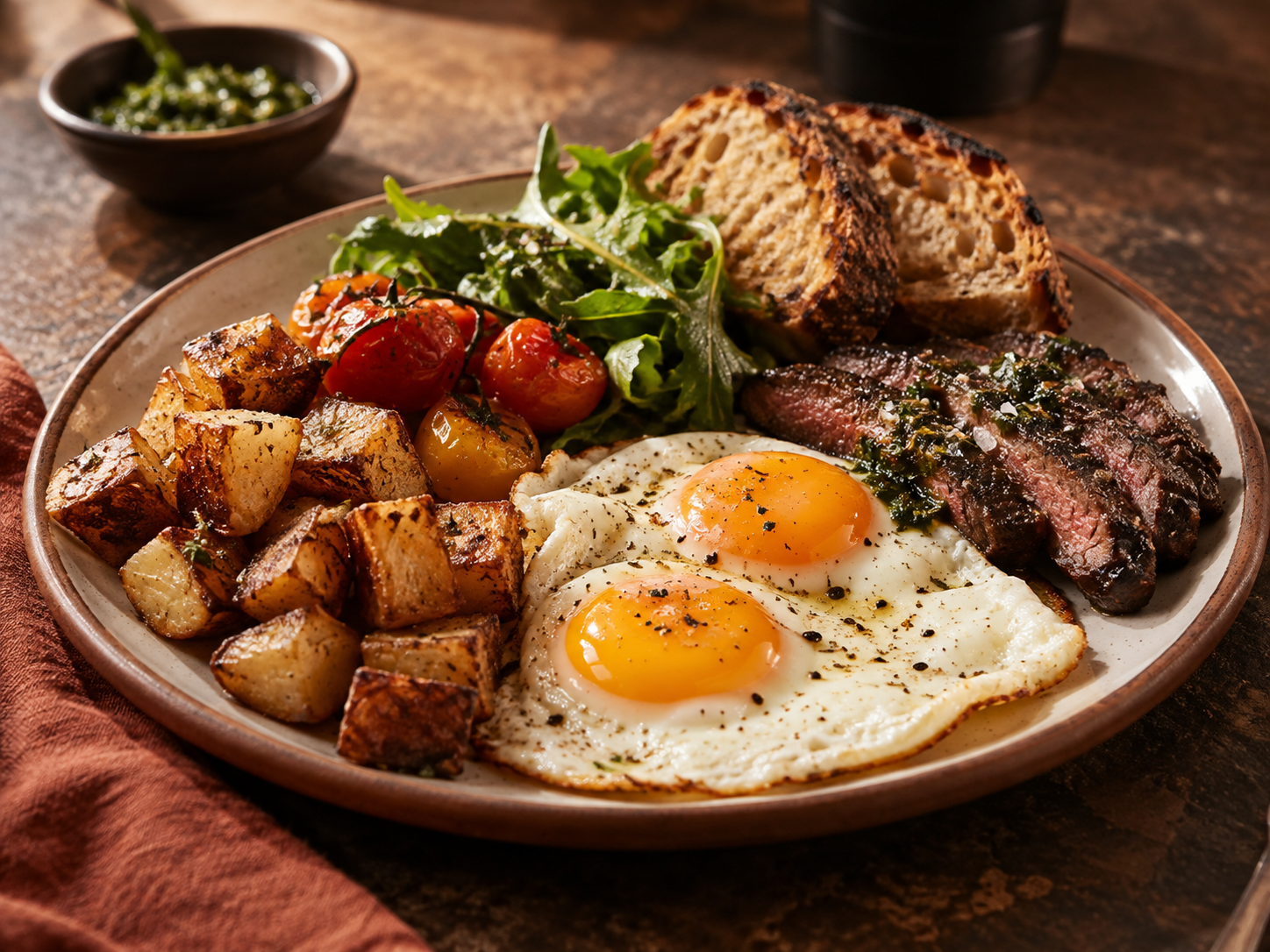 BRASA Argentine-inspired steak and eggs breakfast with sunny-side-up eggs, crispy potatoes, toasted bread, and fresh greens.