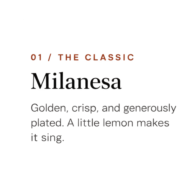 Text describing the classic Milanesa dish, mentioning golden, crispy, and generously plated with a hint of lemon.