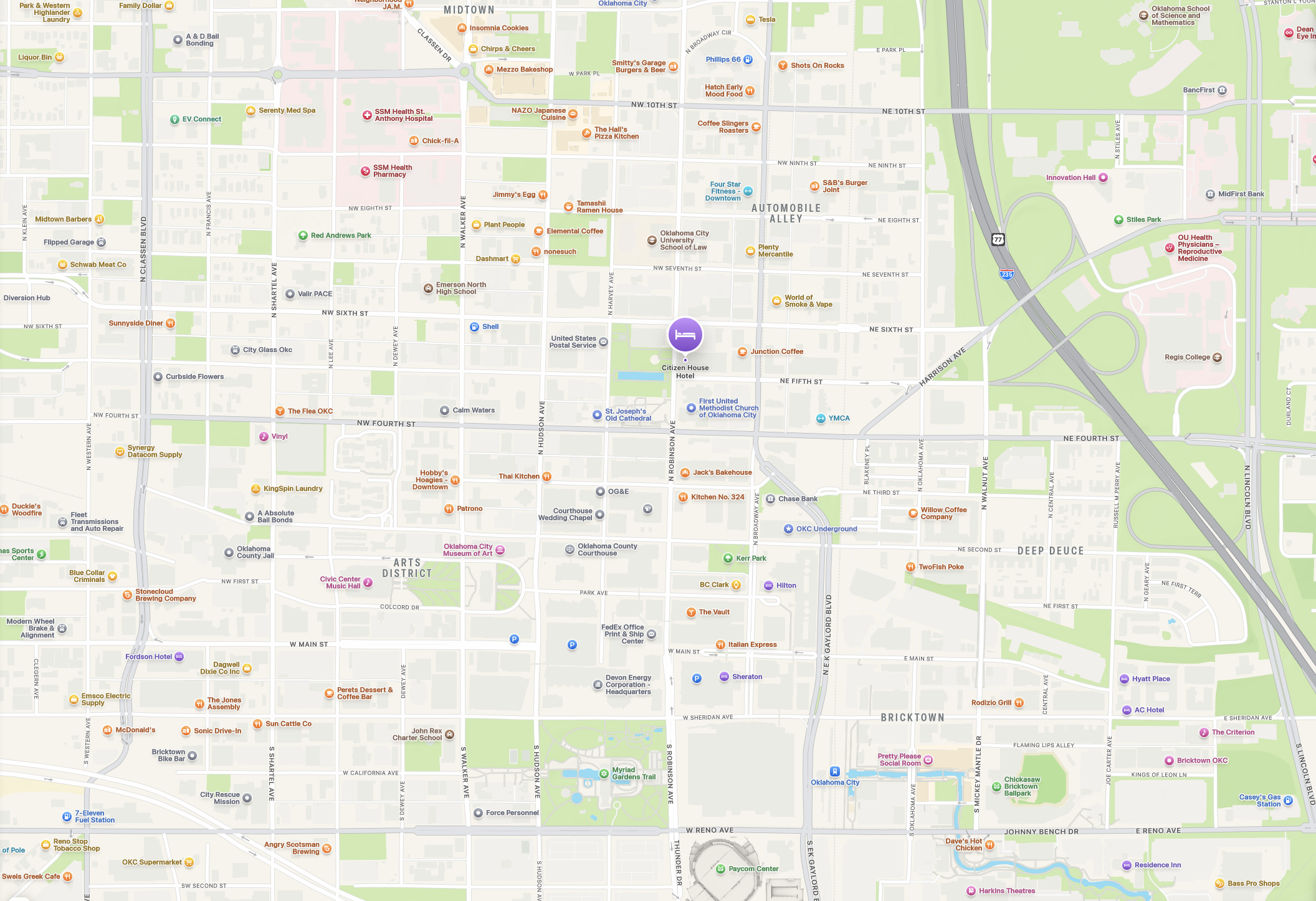 Map of downtown Oklahoma City showing Midtown, Automobile Alley, Bricktown, Arts District, major roads, businesses, parks, hotels, and a highlighted Citizen House Hotel location.
