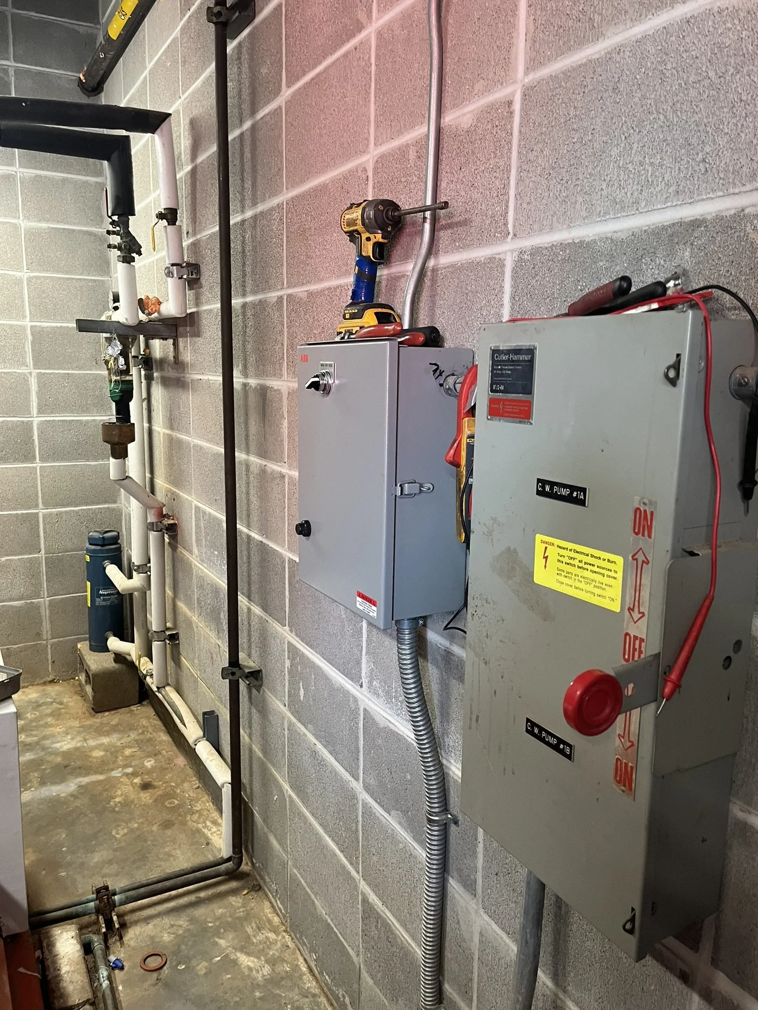 Chilled water pump disconnects and controls at a commercial facility in South Louisiana