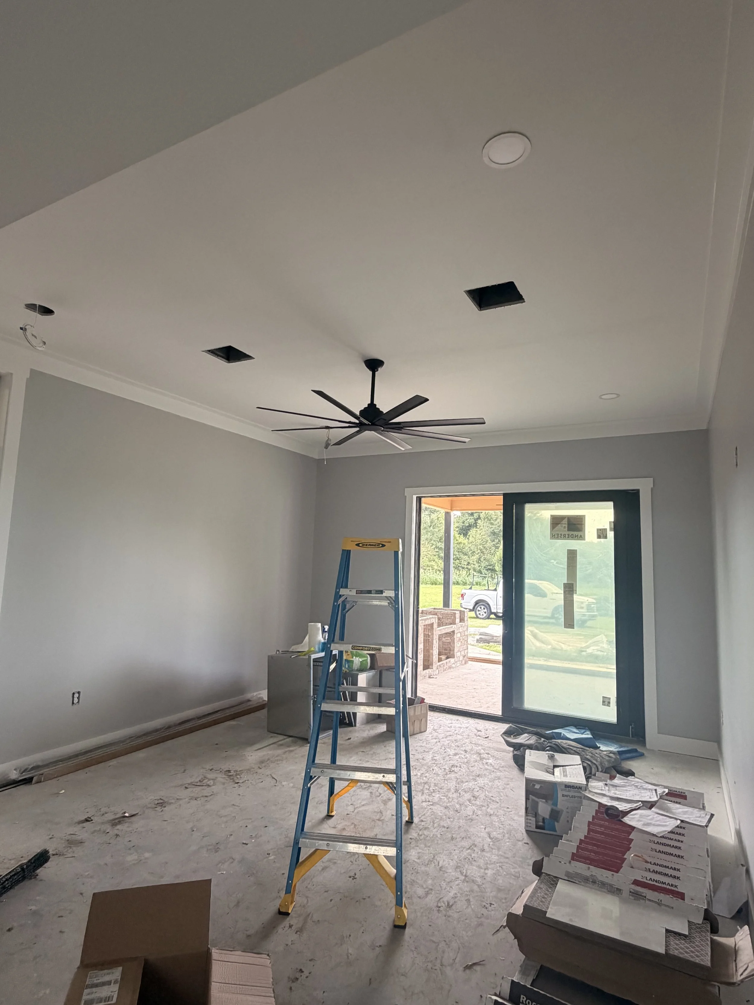 New construction ceiling fan and recessed lighting installed by a Houma electrician