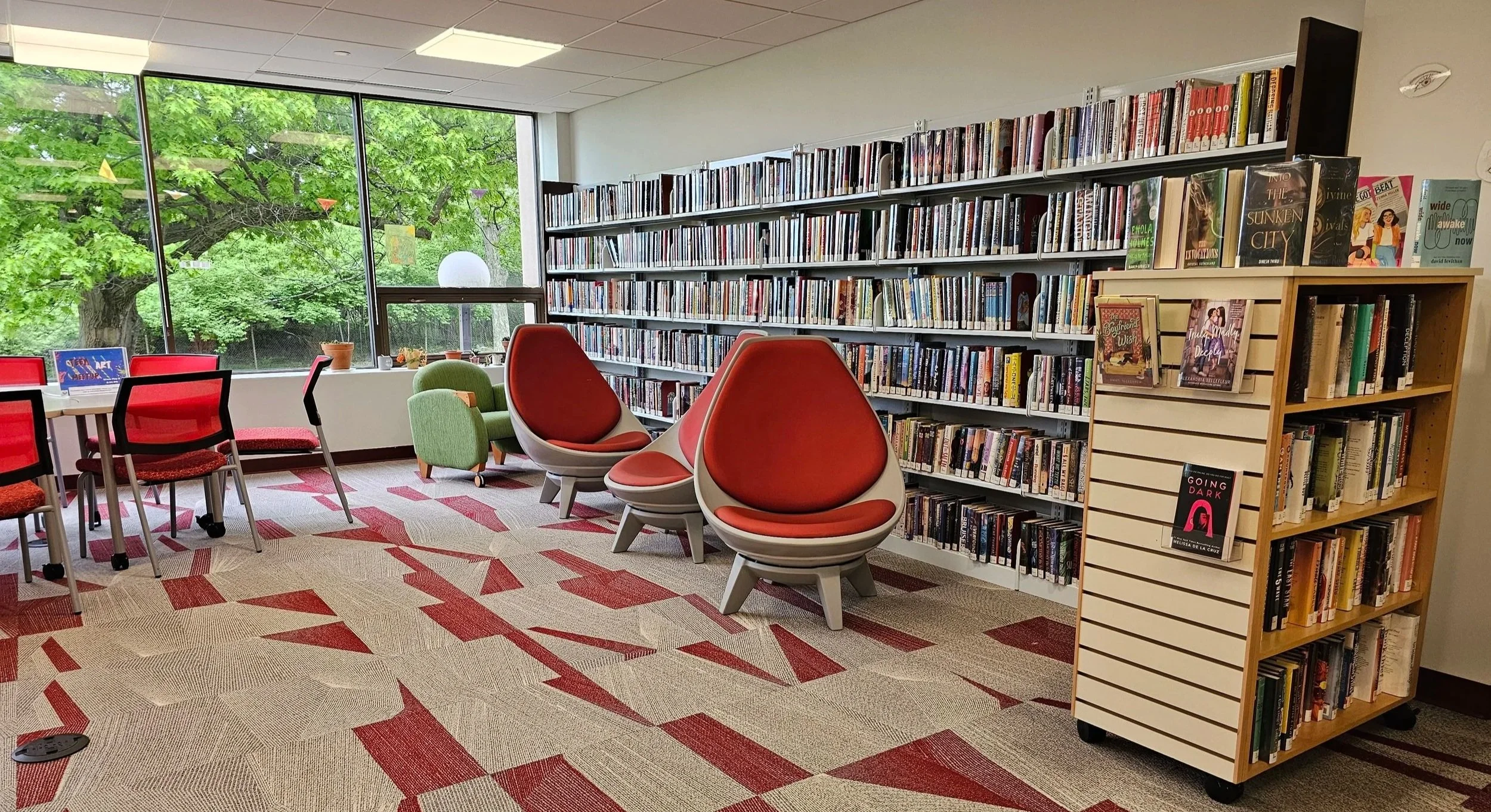 an image of the reading section in the youth department of the library, showing bookcases, library books, a seating area and a view out of the window