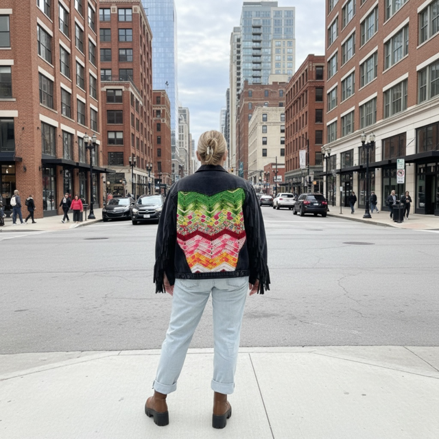 Person standing on a city street blocking traffic, with tall buildings on either side, wearing a colorful patterned jacket and light-colored jeans.