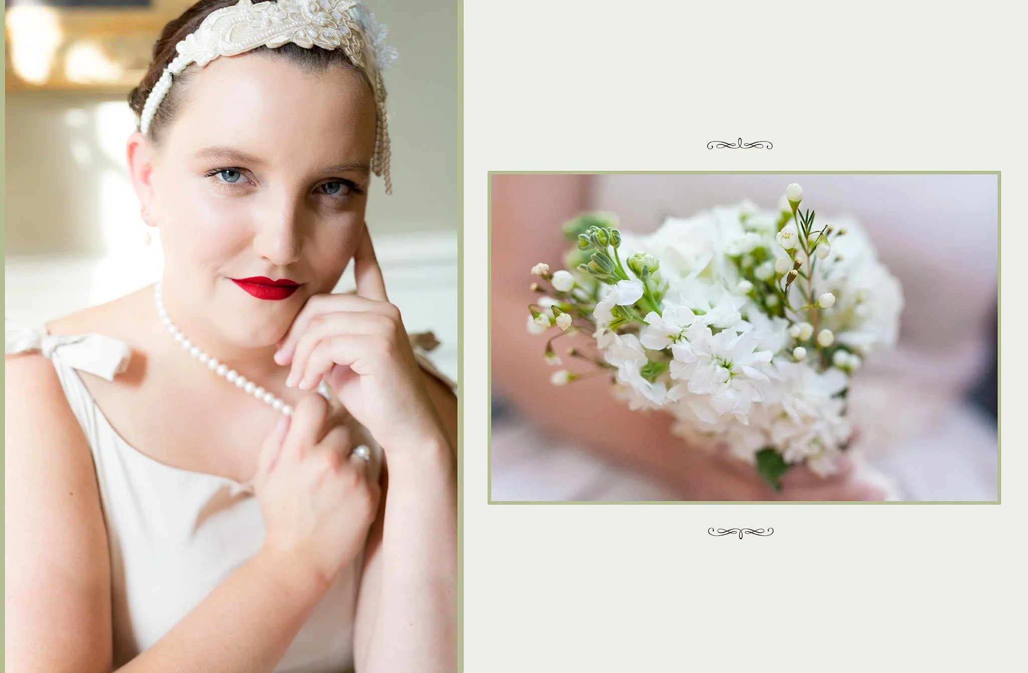 Woman with headband and red lipstick, holding pearl necklace, next to a bouquet of white flowers shot in New Orleans warehouse district.