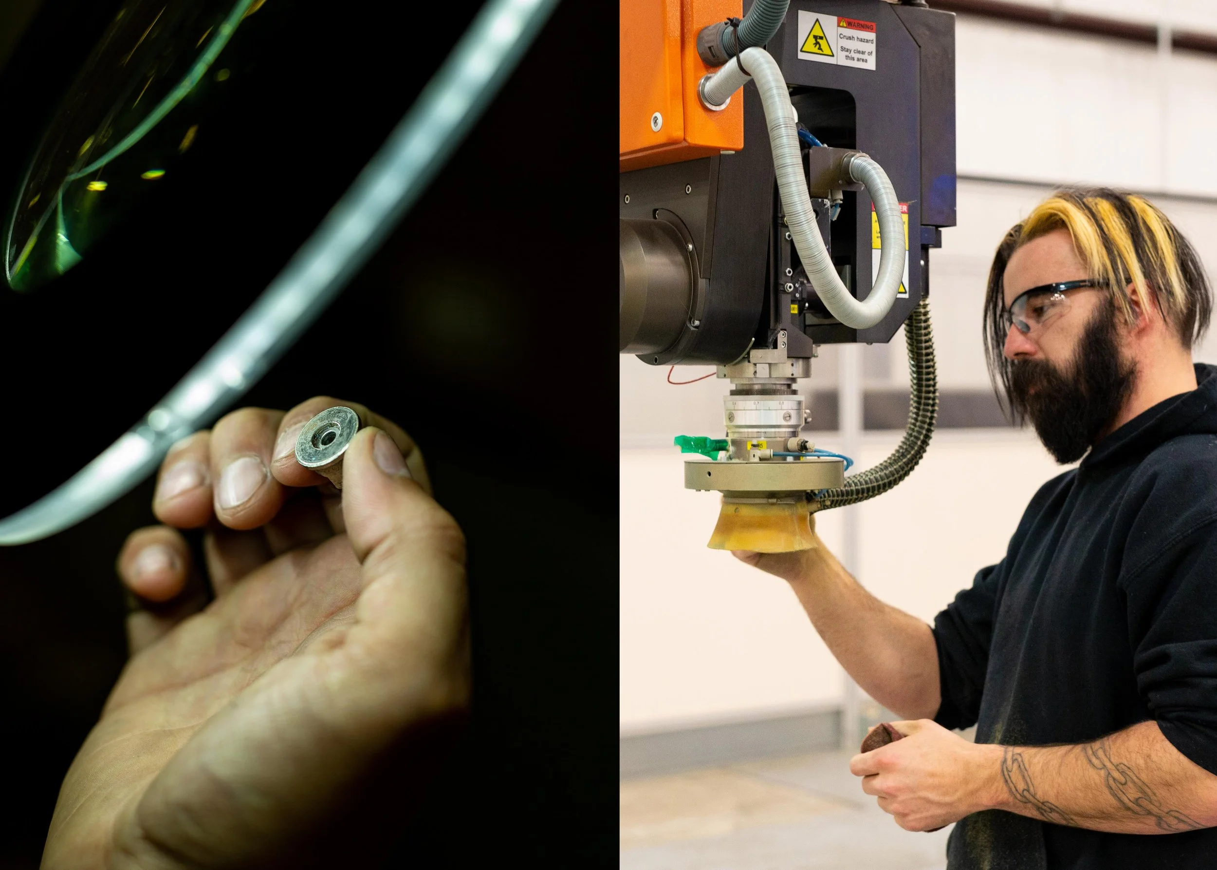 Close-up of a person holding a small mechanical part; on the right, a man operating industrial machinery with protective eyewear.