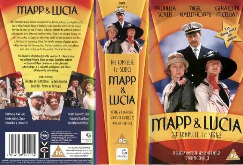 DVD case for 'Mapp & Lucia: The Complete 1st Series' featuring characters in period costumes, with the title and description on the front and back covers, and a barcode on the back.