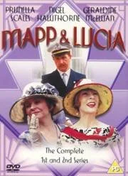 DVD cover for 'Mapp & Lucia' featuring three characters: a man in a uniform at the top center, a woman wearing a hat with flowers and a drink in her hand on the bottom left, and another woman in a wide-brimmed hat with a smile on the bottom right. The title 'Mapp & Lucia' is prominently displayed at the top.