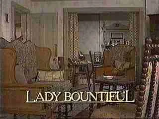 A vintage-style living room with antique armchairs and a wooden table, featuring a sign that says 'Lady Bountiful' in front.
